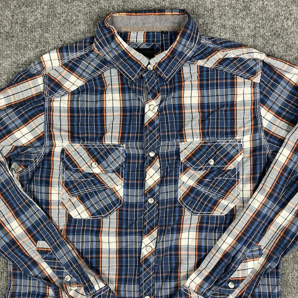 Various Artists Button Shirt Mens M Blue Orange Plaid Western Snap Long Sleeve